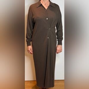 Zara Grey/Brown Draped Knit Midi Dress Collared Button Front Minimalist S/M